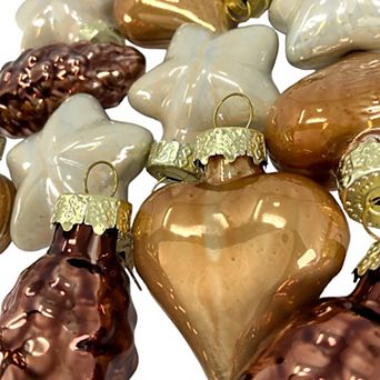 1.5 Inch Heart Pinecone and Star Brown and White Glass Christmas Ornaments 12 pc Set