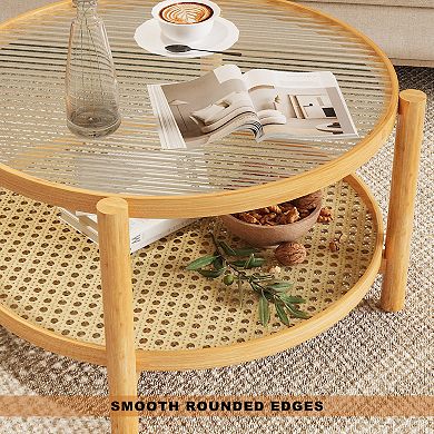 2 Tier Rattan Coffee Table with Glass Top and PVC Rattan Storage Shelf