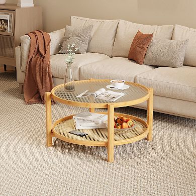 2 Tier Rattan Coffee Table with Glass Top and PVC Rattan Storage Shelf