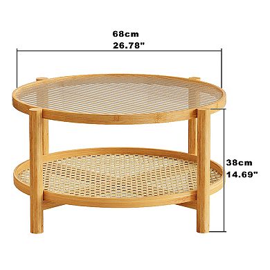 2 Tier Rattan Coffee Table with Glass Top and PVC Rattan Storage Shelf