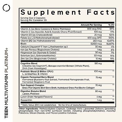 Codeage Teen Multivitamin+ Platinum, Vitamin A, E, B12, K2, Citicoline, Collagen, 60 ct