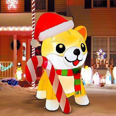 GOOSH 5.2FT Christmas Dog Inflatable with Candy Cane, Santa Hat, and LED Lights