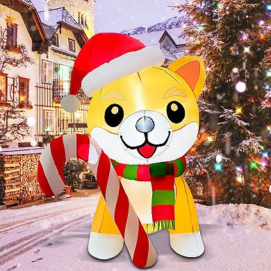 GOOSH 5.2FT Christmas Dog Inflatable with Candy Cane, Santa Hat, and LED Lights