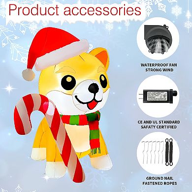 GOOSH 5.2FT Christmas Dog Inflatable with Candy Cane, Santa Hat, and LED Lights