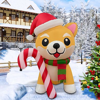 GOOSH 5.2FT Christmas Dog Inflatable with Candy Cane, Santa Hat, and LED Lights