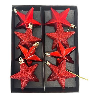 8 Piece Shiny Matte and Glitter Red Star Christmas Tree Ornament Decorations 2.5 Inch