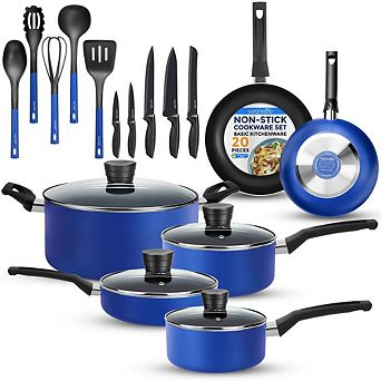 SereneLife 20 pc Cookware and Knives Set Nonstick Pots Pans with Lids, Heat Resistant