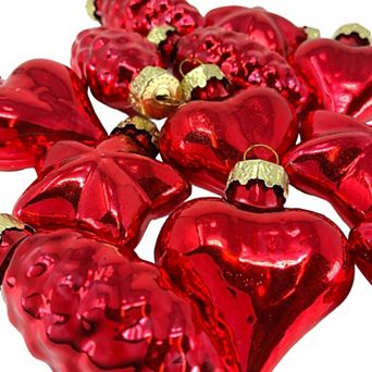2 Inch Small Red Heart Star and Pinecones Glass Christmas Tree Ornaments 12 pc Set