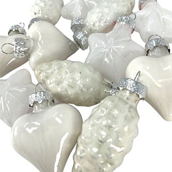 1.5 Inch Heart Pinecone and Star White Glass Christmas Tree Ornaments 12 pc Set