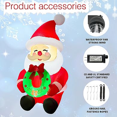 GOOSH 5.2FT Santa Holding Wreath Inflatable with LED Lights for Outdoor Christmas Décor