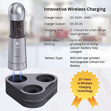 Electric Salt and Pepper Grinder, Set of 3 with Wireless Charging Base, Rechargeable