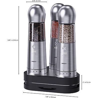 Electric Salt and Pepper Grinder, Set of 3 with Wireless Charging Base, Rechargeable