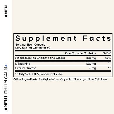 Amen Lithium Calm+, Magnesium Glycinate & Oxide, Lithium Orotate 60 ct