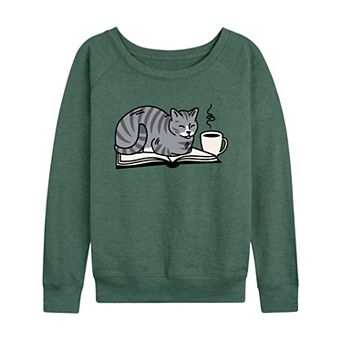 Women's Coffee & Cat On A Book French Terry Long Sleeve Tee