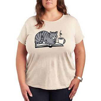 Plus Size Coffee & Cat On A Book Graphic Tee