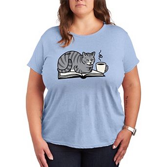 Plus Size Coffee & Cat On A Book Graphic Tee
