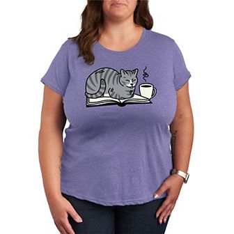 Plus Size Coffee & Cat On A Book Graphic Tee
