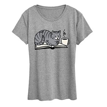 Women's Coffee & Cat On A Book Graphic Tee