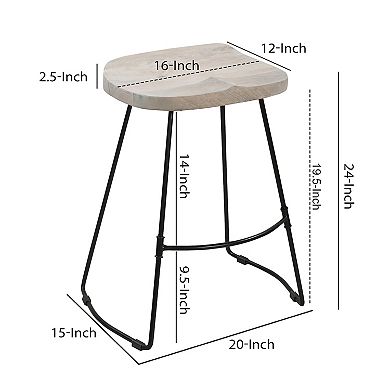 Tiva 24 Inch Backless Counter Height Stool, Whitewashed Mango Wood Saddle Seat, Black Metal Base