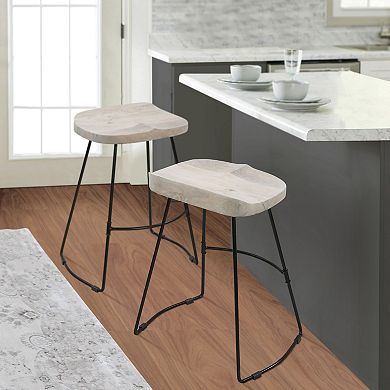 Tiva 24 Inch Backless Counter Height Stool, Whitewashed Mango Wood Saddle Seat, Black Metal Base