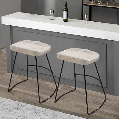 Tiva 24 Inch Backless Counter Height Stool, Whitewashed Mango Wood Saddle Seat, Black Metal Base