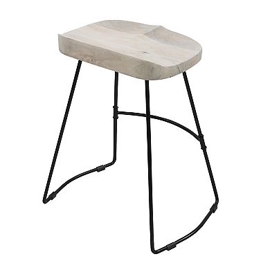 Tiva 24 Inch Backless Counter Height Stool, Whitewashed Mango Wood Saddle Seat, Black Metal Base