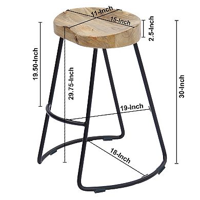 Ela 30 Inch Mango Wood Industrial Barstool, Saddle Seat, Iron Frame, Set of 2, Brown, Black