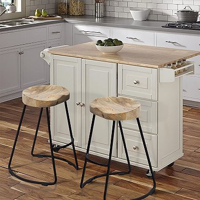 Ela 30 Inch Mango Wood Industrial Barstool, Saddle Seat, Iron Frame, Set of 2, Brown, Black