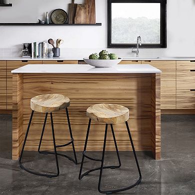 Ela 30 Inch Mango Wood Industrial Barstool, Saddle Seat, Iron Frame, Set of 2, Brown, Black