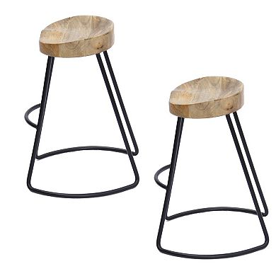 Ela 30 Inch Mango Wood Industrial Barstool, Saddle Seat, Iron Frame, Set of 2, Brown, Black