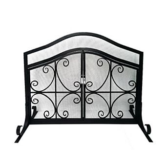 43 in 2 Door Iron Fireplace Screen, Mesh Design, Scrollwork, Black