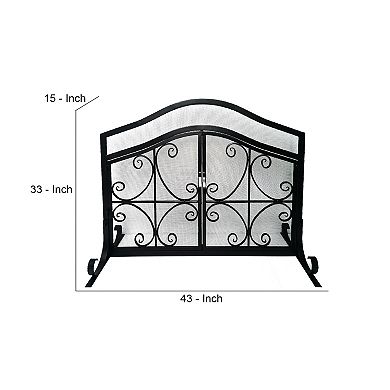 43 Inches 2 Door Iron Fireplace Screen, Mesh Design, Scrollwork, Black