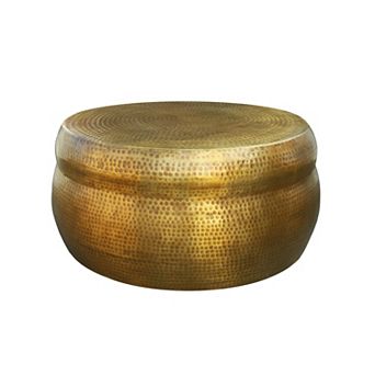 Kvira 32" Artisanal Round Drum Coffee Table, Hammered Embossed Texturing, Aluminum, Antique Brass