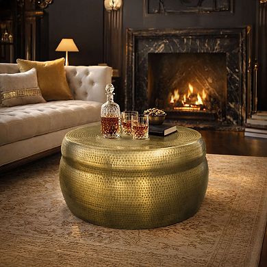 Kvira 32" Artisanal Round Drum Coffee Table, Hammered Embossed Texturing, Aluminum, Antique Brass