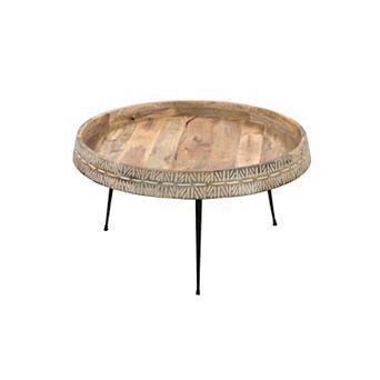 Gia Modern Handcrafted Round Coffee Table, Natural Brown Wood with Carved Edge, Black Iron Legs