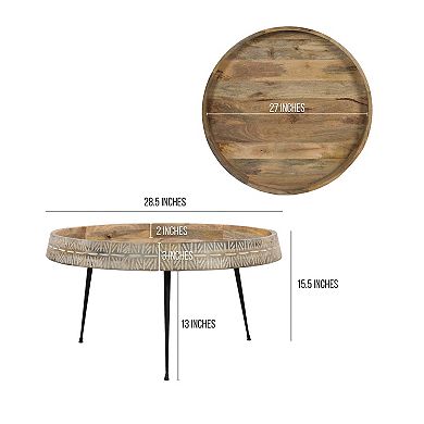 Gia Modern Handcrafted Round Coffee Table, Natural Brown Wood with Carved Edge, Black Iron Legs