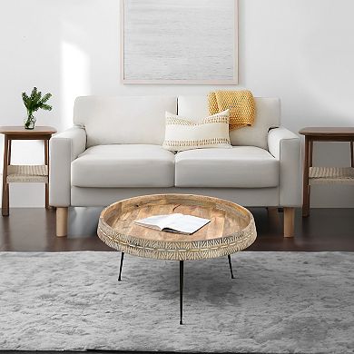 Gia Modern Handcrafted Round Coffee Table, Natural Brown Wood with Carved Edge, Black Iron Legs