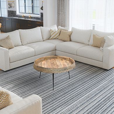 Gia Modern Handcrafted Round Coffee Table, Natural Brown Wood with Carved Edge, Black Iron Legs
