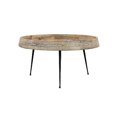 Gia Modern Handcrafted Round Coffee Table, Natural Brown Wood with Carved Edge, Black Iron Legs