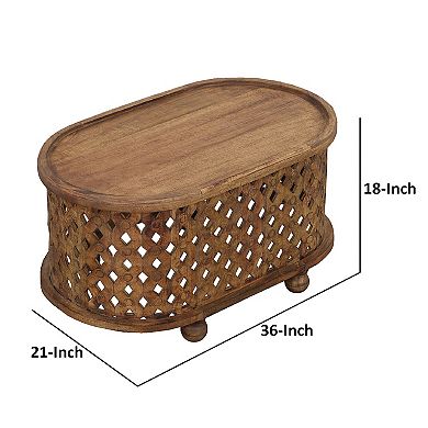 36 Inch Handcrafted Oval Coffee Table, Intricate Cutout Design, Antique Brown