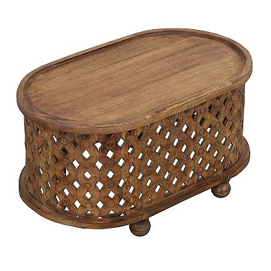 36 Inch Handcrafted Oval Coffee Table, Intricate Cutout Design, Antique Brown