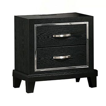 Nightstand with Charging Station, 2 Drawers, Black Rubberwood 24 Inch