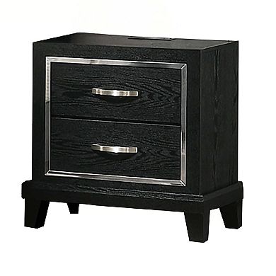 Nightstand with Charging Station, 2 Drawers, Black Rubberwood 24 Inch