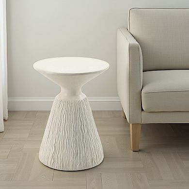Uane Accent Table, Sculpted Natural White Cement, Round 16 Inch Top