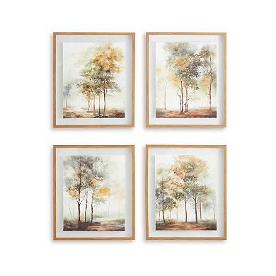 Foryn 4 Piece Wall Art Set, 23x27, Spring Trees Print w Brown Frame