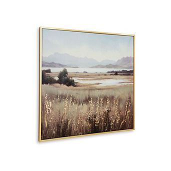 Framed Wall Art, 40x40 Painted Canvas, Lakeside Mountain Landscape