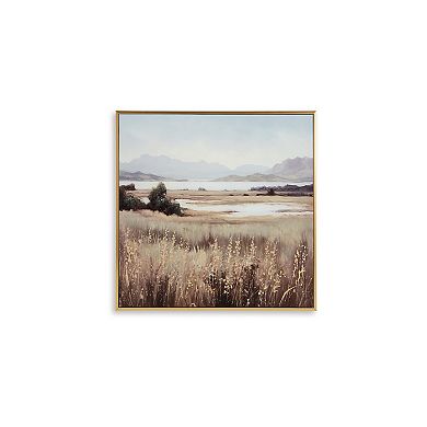 Framed Wall Art, 40x40 Painted Canvas, Lakeside Mountain Landscape