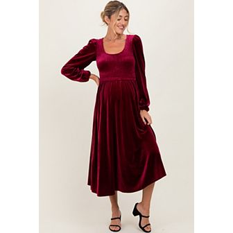 Velvet Smocked Long Sleeve Midi Dress