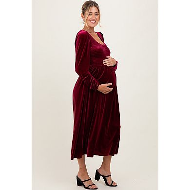 Maternity Velvet Smocked Long Sleeve Midi Dress