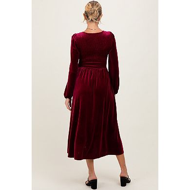 Maternity Velvet Smocked Long Sleeve Midi Dress
